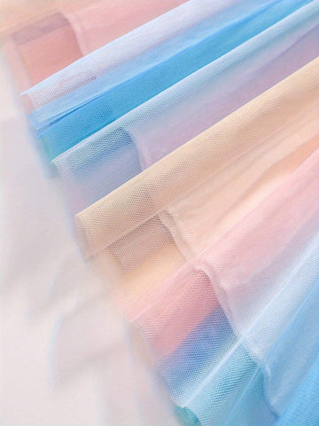 Girls Long Sleeve Mesh Patchwork Rainbow Cartoon Printed Party Princess Dress, Autumn & Winter