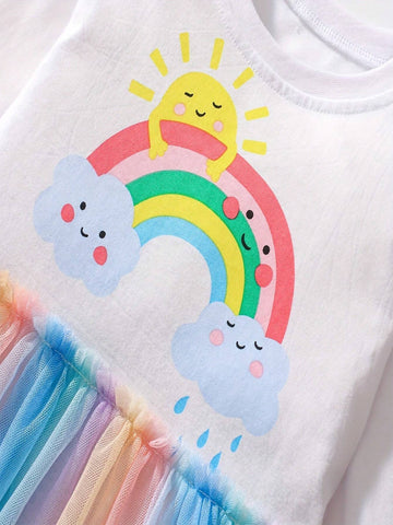 Girls Long Sleeve Mesh Patchwork Rainbow Cartoon Printed Party Princess Dress, Autumn & Winter