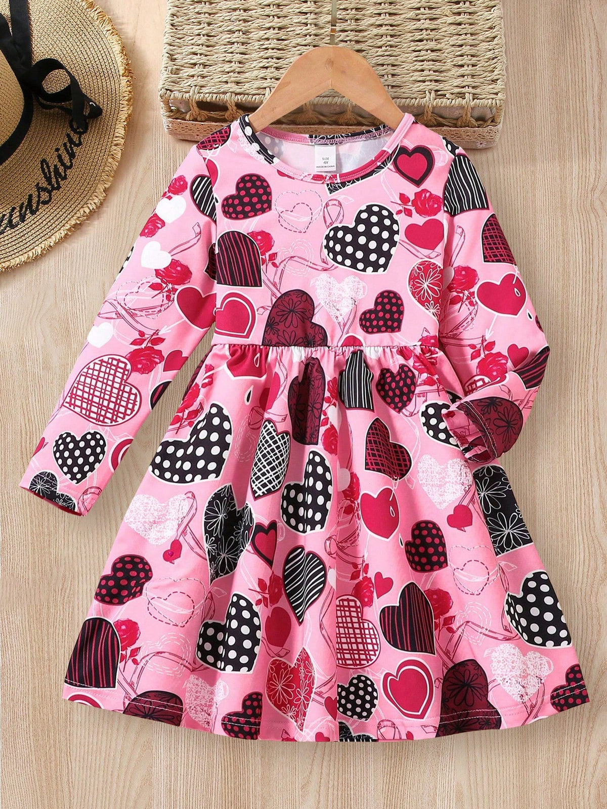 Girls' Long Sleeve Patchwork Heart Print Elegant Dress, Autumn/Winter