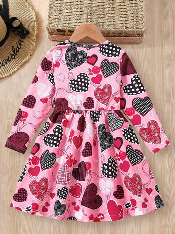 Girls' Long Sleeve Patchwork Heart Print Elegant Dress, Autumn/Winter