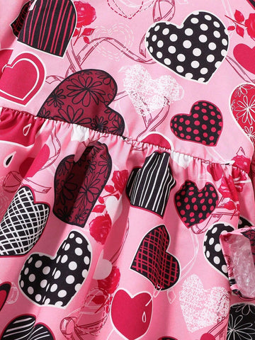 Girls' Long Sleeve Patchwork Heart Print Elegant Dress, Autumn/Winter