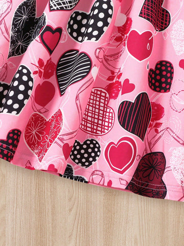 Girls' Long Sleeve Patchwork Heart Print Elegant Dress, Autumn/Winter