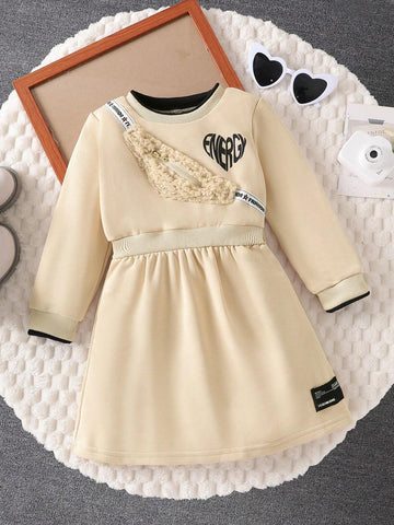 Girls Long Sleeve Patchwork Plush Cross-Body Cinched Waist Dress, Casual Letter Print Trendy Dress For Little Girls