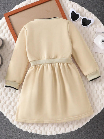 Girls Long Sleeve Patchwork Plush Cross-Body Cinched Waist Dress, Casual Letter Print Trendy Dress For Little Girls