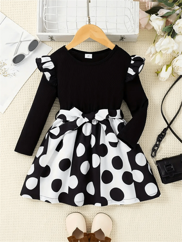 Girls Long Sleeve Polka Dot Belted Party Dress, Autumn/Winter