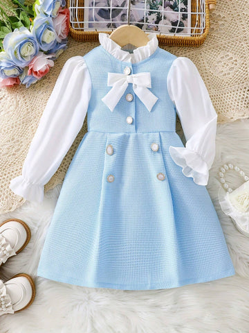 Girls Long Sleeve Princess Dress, Ruffle Hem Pleated Skirt, Fashion For Party, Outdoor Events And Dancing, Autumn/Winter