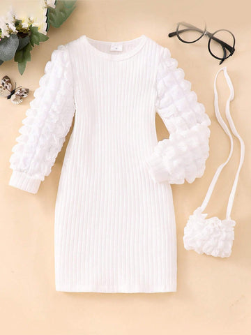 Girls Long Sleeve Puff Sleeve Ribbed Dress With Bag