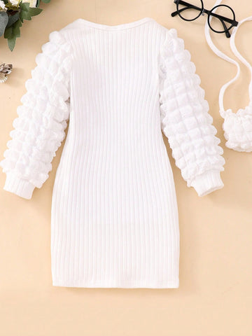 Girls Long Sleeve Puff Sleeve Ribbed Dress With Bag