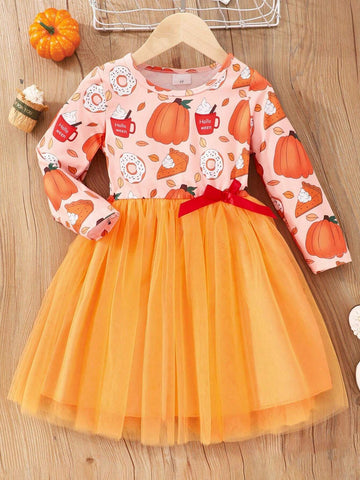Girls Long Sleeve Pumpkin Print Bowknot Layered Mesh Halloween Dress
