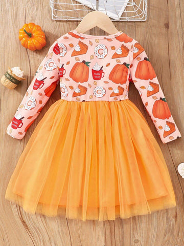 Girls Long Sleeve Pumpkin Print Bowknot Layered Mesh Halloween Dress