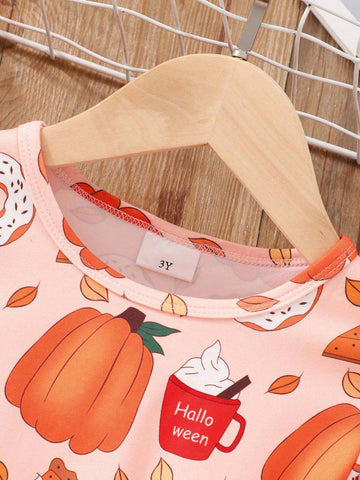 Girls Long Sleeve Pumpkin Print Bowknot Layered Mesh Halloween Dress