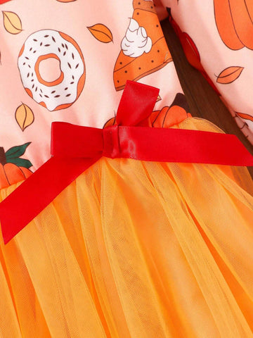 Girls Long Sleeve Pumpkin Print Bowknot Layered Mesh Halloween Dress