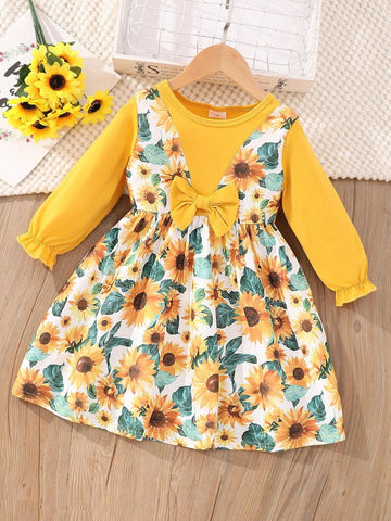 Girls Long Sleeve Round Neck Bow Tie Dress