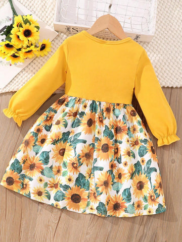 Girls Long Sleeve Round Neck Bow Tie Dress
