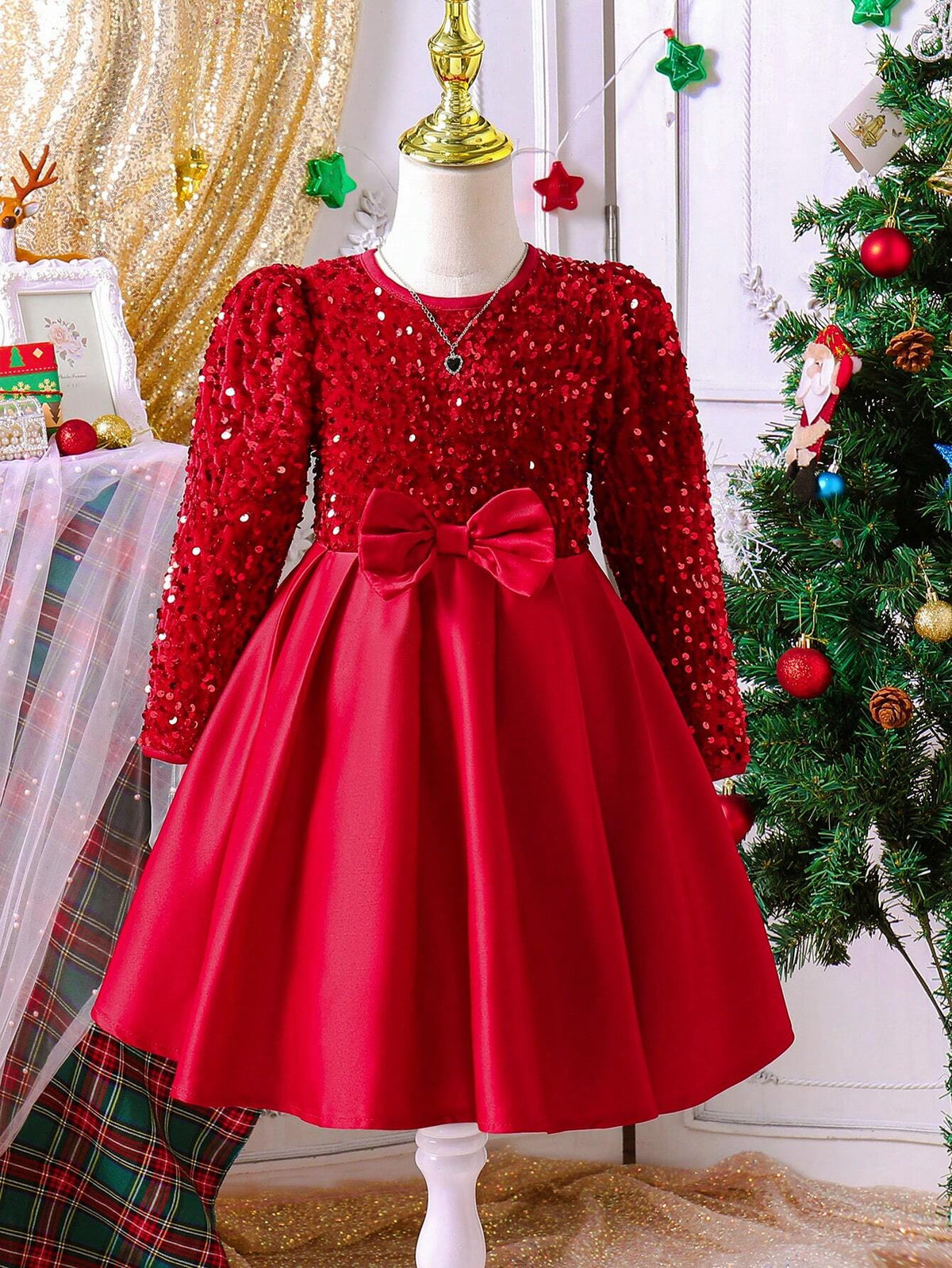 Girls' Long Sleeve Round Neck Sequin Mesh Patchwork Bow Decor Elegant Princess Dress