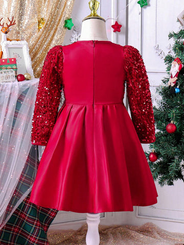 Girls' Long Sleeve Round Neck Sequin Mesh Patchwork Bow Decor Elegant Princess Dress