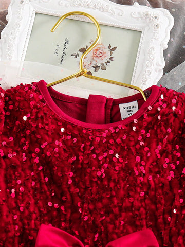 Girls' Long Sleeve Round Neck Sequin Mesh Patchwork Bow Decor Elegant Princess Dress