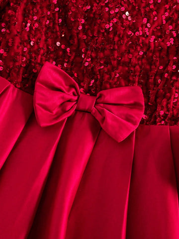 Girls' Long Sleeve Round Neck Sequin Mesh Patchwork Bow Decor Elegant Princess Dress