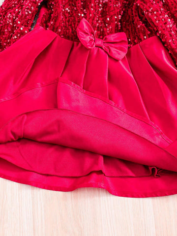 Girls' Long Sleeve Round Neck Sequin Mesh Patchwork Bow Decor Elegant Princess Dress