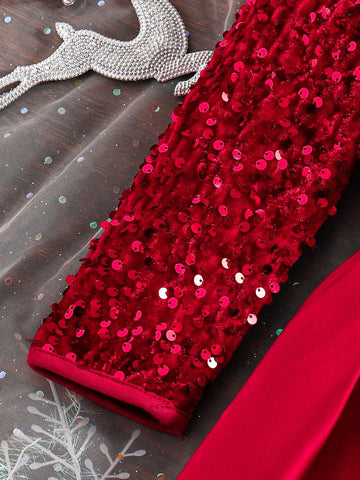 Girls' Long Sleeve Round Neck Sequin Mesh Patchwork Bow Decor Elegant Princess Dress