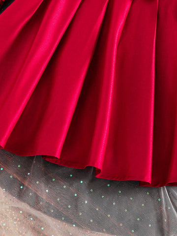 Girls' Long Sleeve Round Neck Sequin Mesh Patchwork Bow Decor Elegant Princess Dress