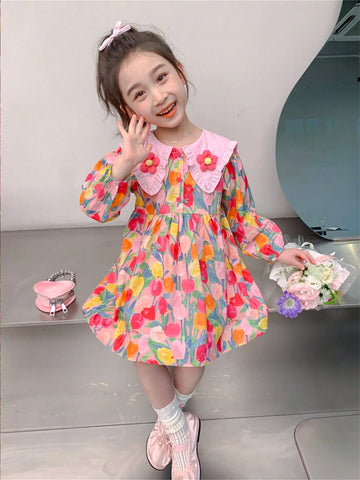 Girls' Long Sleeve Ruffled Dress, French Style Young Girl Clothing For Spring & Autumn