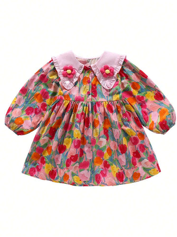 Girls' Long Sleeve Ruffled Dress, French Style Young Girl Clothing For Spring & Autumn