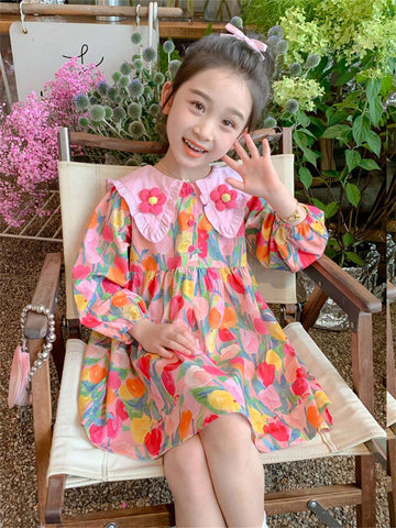 Girls' Long Sleeve Ruffled Dress, French Style Young Girl Clothing For Spring & Autumn