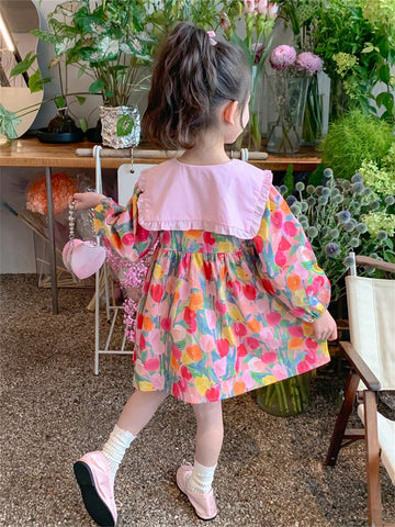 Girls' Long Sleeve Ruffled Dress, French Style Young Girl Clothing For Spring & Autumn