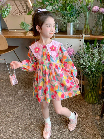 Girls' Long Sleeve Ruffled Dress, French Style Young Girl Clothing For Spring & Autumn