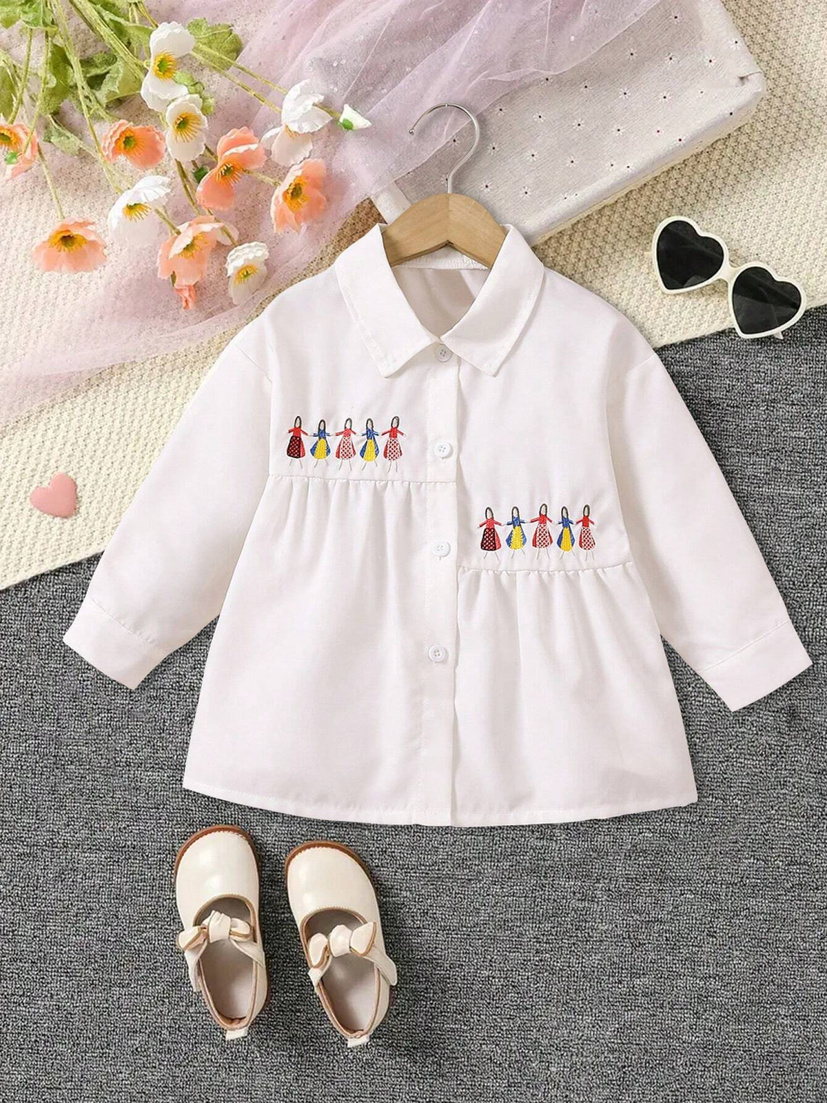 Girls Long Sleeve Shirts, White Color Blouse With Cute Printed Collar, Trendy & Versatile Design, Suitable For Spring, Autumn And Winter