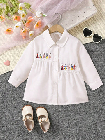 Girls Long Sleeve Shirts, White Color Blouse With Cute Printed Collar, Trendy & Versatile Design, Suitable For Spring, Autumn And Winter