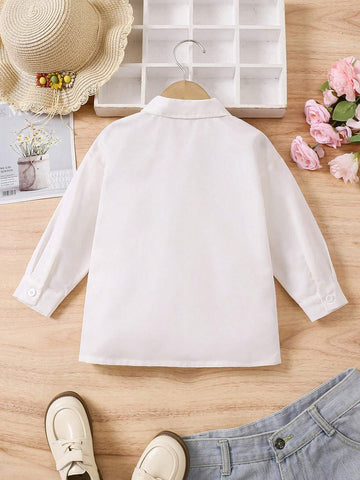 Girls Long Sleeve Shirts, White Color Blouse With Cute Printed Collar, Trendy & Versatile Design, Suitable For Spring, Autumn And Winter