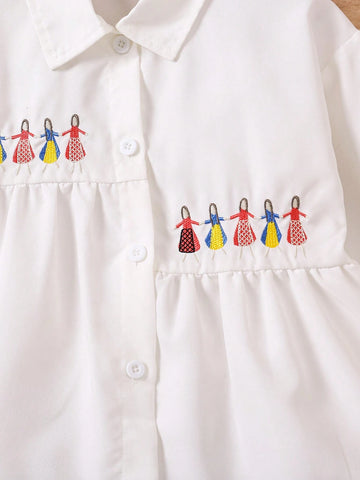 Girls Long Sleeve Shirts, White Color Blouse With Cute Printed Collar, Trendy & Versatile Design, Suitable For Spring, Autumn And Winter