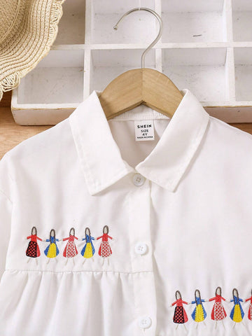 Girls Long Sleeve Shirts, White Color Blouse With Cute Printed Collar, Trendy & Versatile Design, Suitable For Spring, Autumn And Winter