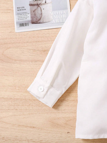 Girls Long Sleeve Shirts, White Color Blouse With Cute Printed Collar, Trendy & Versatile Design, Suitable For Spring, Autumn And Winter