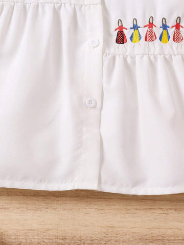 Girls Long Sleeve Shirts, White Color Blouse With Cute Printed Collar, Trendy & Versatile Design, Suitable For Spring, Autumn And Winter