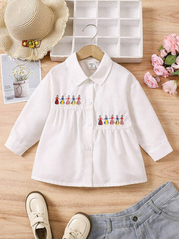 Girls Long Sleeve Shirts, White Color Blouse With Cute Printed Collar, Trendy & Versatile Design, Suitable For Spring, Autumn And Winter