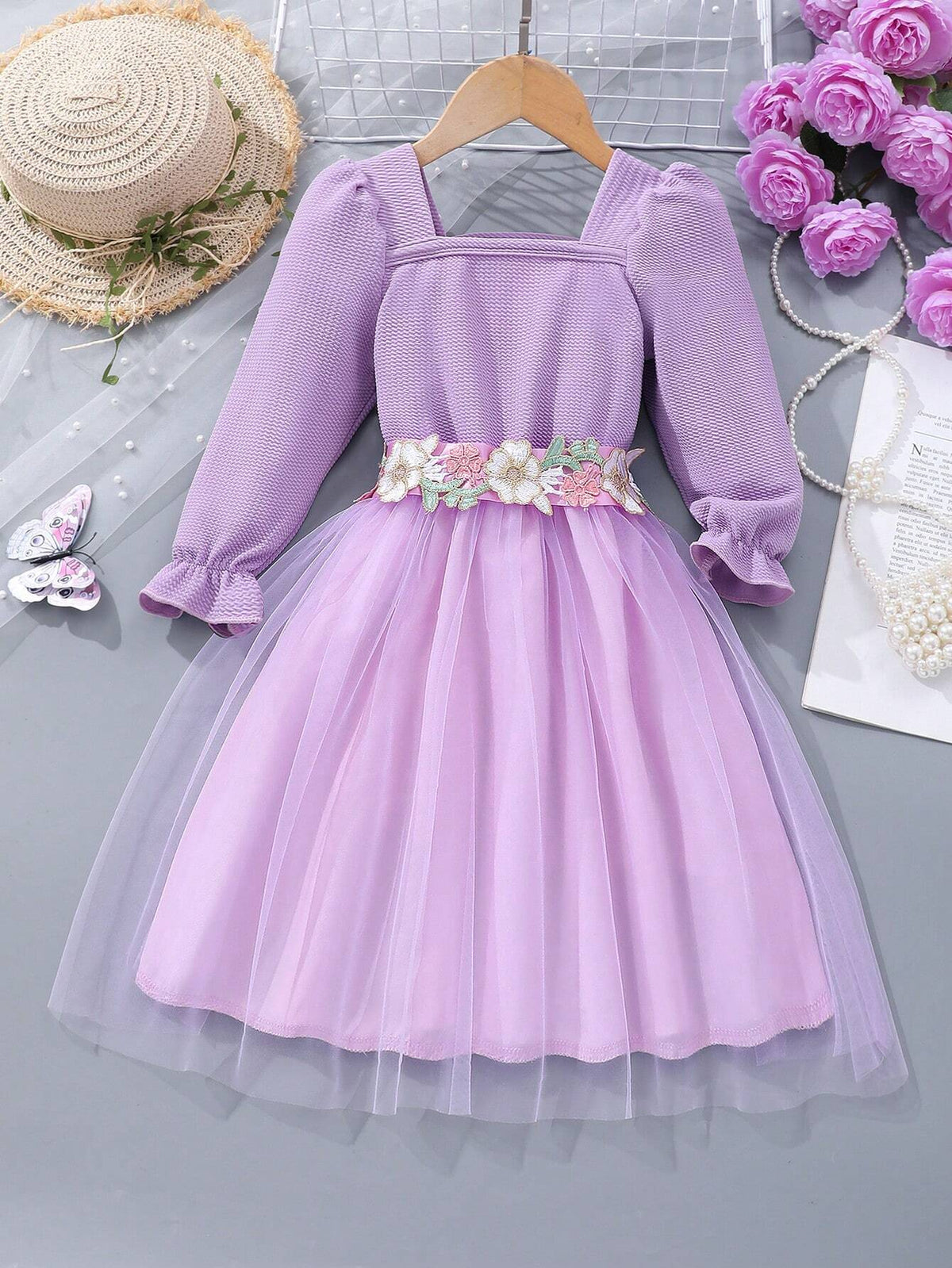 Girls' Long Sleeve Solid Color Lace Net Yarn Princess Dress