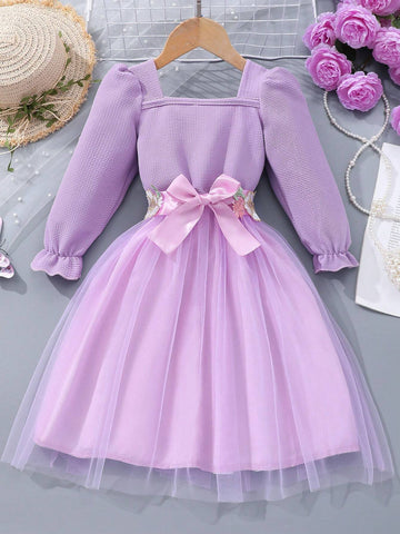 Girls' Long Sleeve Solid Color Lace Net Yarn Princess Dress