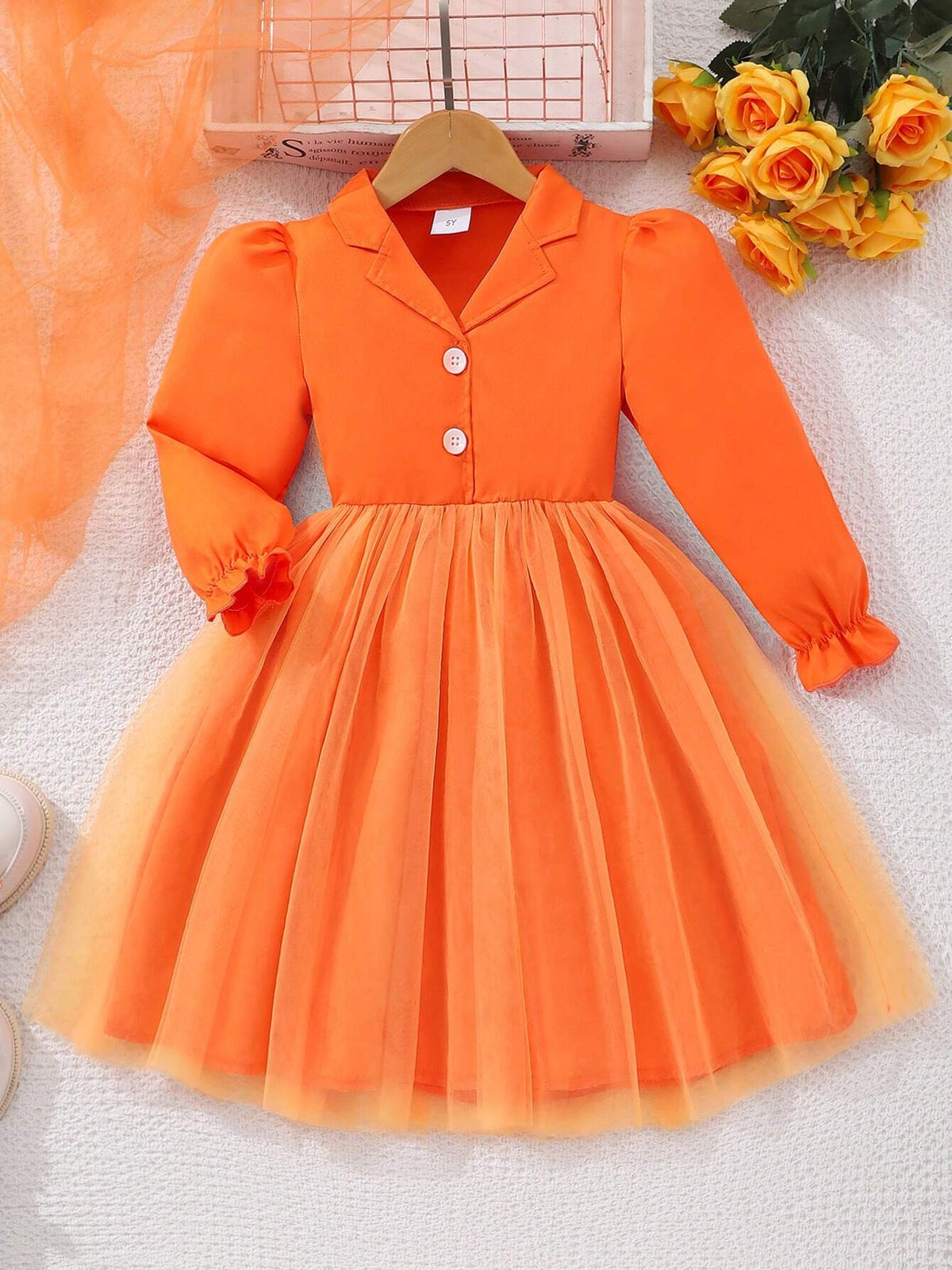 Girls Long Sleeve Solid Color Mesh Dress