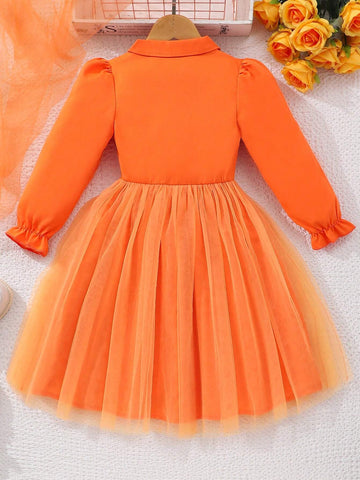 Girls Long Sleeve Solid Color Mesh Dress
