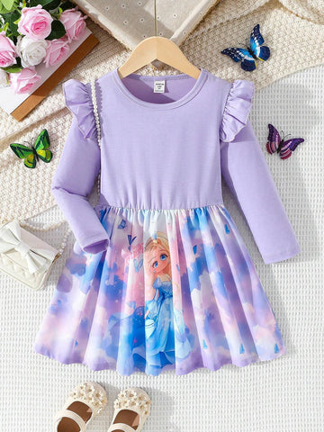 Girls Long Sleeve Solid Color Round Neck Cap Sleeve T-Shirt Patchwork Princess Style Digital Print Dress, Fashionable Styles For Spring, Autumn And Winter