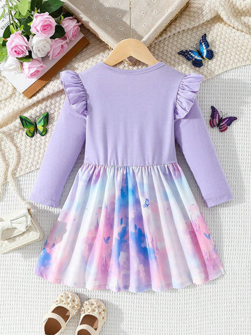Girls Long Sleeve Solid Color Round Neck Cap Sleeve T-Shirt Patchwork Princess Style Digital Print Dress, Fashionable Styles For Spring, Autumn And Winter