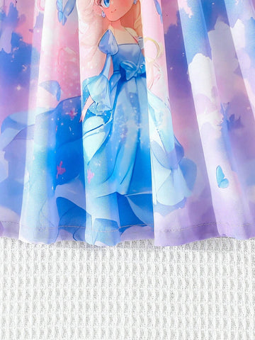 Girls Long Sleeve Solid Color Round Neck Cap Sleeve T-Shirt Patchwork Princess Style Digital Print Dress, Fashionable Styles For Spring, Autumn And Winter