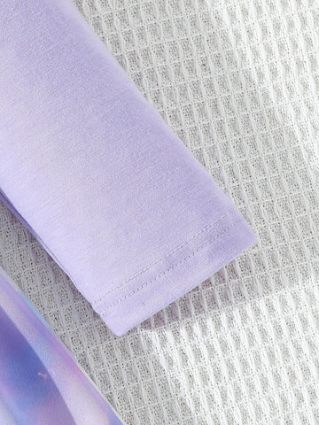 Girls Long Sleeve Solid Color Round Neck Cap Sleeve T-Shirt Patchwork Princess Style Digital Print Dress, Fashionable Styles For Spring, Autumn And Winter