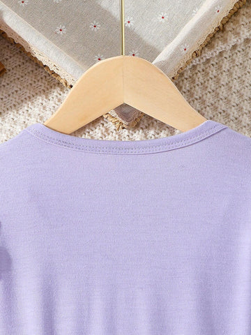 Girls Long Sleeve Solid Color Round Neck Cap Sleeve T-Shirt Patchwork Princess Style Digital Print Dress, Fashionable Styles For Spring, Autumn And Winter