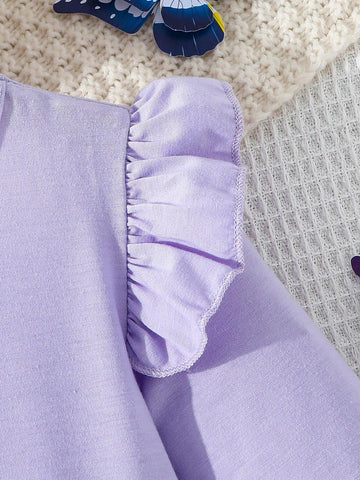 Girls Long Sleeve Solid Color Round Neck Cap Sleeve T-Shirt Patchwork Princess Style Digital Print Dress, Fashionable Styles For Spring, Autumn And Winter