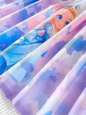 Girls Long Sleeve Solid Color Round Neck Cap Sleeve T-Shirt Patchwork Princess Style Digital Print Dress, Fashionable Styles For Spring, Autumn And Winter