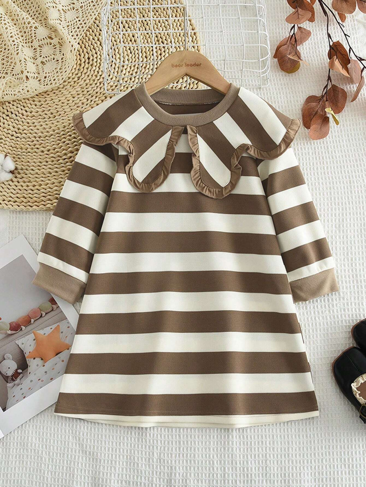 Girl's Long Sleeve Stripe Dress With Big Collar, Spring Autumn